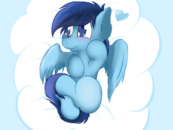Size: 1600x1200 | Tagged: safe, artist:cloufy, oc, oc only, oc:cloufy, pegasus, pony, blue background, blue eyes, blushing, cloud, simple background, smiling, solo, wings