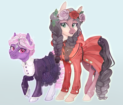 Size: 540x464 | Tagged: safe, artist:tenderlumpkins, artist:vividfizz, oc, oc only, oc:dahlia, oc:ophelia, crystal pony, pony, braid, circlet, clothes, dress, duo, female, flower, flower in hair, freckles, lolita fashion, looking at you, mare, size difference, stockings, thigh highs, twins