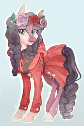 Size: 500x750 | Tagged: safe, artist:tenderlumpkins, artist:vividfizz, oc, oc only, oc:dahlia, crystal pony, pony, braid, clothes, dress, female, flower, flower in hair, freckles, lolita fashion, looking at you, mare, solo