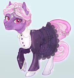 Size: 475x500 | Tagged: safe, artist:tenderlumpkins, artist:vividfizz, oc, oc only, oc:ophelia, crystal pony, pony, circlet, clothes, dress, female, lolita fashion, looking at you, mare, solo, stockings, thigh highs
