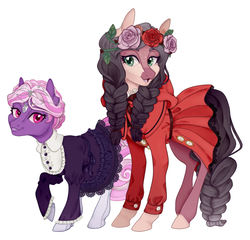 Size: 780x750 | Tagged: safe, alternate version, artist:tenderlumpkins, artist:vividfizz, oc, oc only, oc:dahlia, oc:ophelia, crystal pony, pony, braid, circlet, clothes, dog lip, dress, duo, female, flower, flower in hair, freckles, lolita fashion, looking at you, mare, size difference, stockings, thigh highs, twins