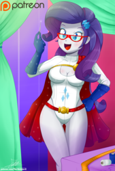 Size: 2009x2971 | Tagged: safe, artist:the-butch-x, rarity, equestria girls, g4, belt, blushing, boob window, breasts, busty rarity, cape, cleavage, clothes, commission, cosplay, costume, dc comics, eyeshadow, female, glasses, gloves, hand on hip, high res, leotard, makeup, measuring tape, needle, open mouth, patreon, patreon logo, power girl, rarity's glasses, sexy, smiling, solo, stupid sexy rarity, thread, underass
