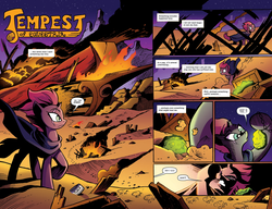 Size: 1600x1231 | Tagged: safe, artist:andy price, idw, official comic, tempest shadow, pony, g4, my little pony: the movie, my little pony: the movie prequel, spoiler:comic, broken horn, cloak, clothes, comic, desert, eye scar, female, fire, horn, mare, misfortune malachite, night, preview, scar, shipwreck, speech bubble