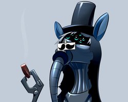 Size: 999x799 | Tagged: safe, artist:underpable, oc, oc only, oc:gear works, cyborg, fanfic:iron hearts, augmentation, augmented, bust, chaos, cigar, classy, commission, crossover, dark mechanicus, fake moustache, hat, reaction image, respirator, robotic arm, servo arm, solo, top hat, warhammer (game), warhammer 40k