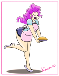 Size: 850x1100 | Tagged: safe, artist:kprovido, pinkie pie, human, g4, clothes, eyes closed, female, food, humanized, pie, raised leg, shirt, shorts, simple background, smiling, solo