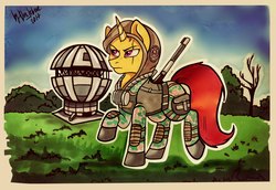 Size: 2560x1757 | Tagged: safe, artist:das_leben, oc, oc only, pony, unicorn, camouflage, male, s.t.a.l.k.e.r., scar, solo, stallion, traditional art