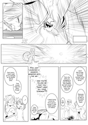 Size: 2793x3970 | Tagged: safe, artist:0ryomamikado0, applejack, rainbow dash, manticore, pony, comic:the unexpected love life of dusk shine, g4, breaking the fourth wall, comic, dialogue, high res, monochrome, rope