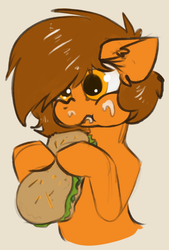 Size: 518x768 | Tagged: safe, artist:marsminer, oc, oc only, oc:venus spring, pony, brown background, bust, eating, floppy ears, food, hoof hold, sandwich, simple background, solo
