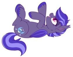 Size: 750x589 | Tagged: safe, artist:lulubell, oc, oc only, oc:night watch, bat pony, pony, fangs, female, mare, on back, simple background, smiling, solo, transparent background