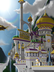 Size: 1536x2048 | Tagged: safe, artist:qzygugu, bird, pony, airship, architecture, background pony, canterlot, cloud, detailed background, male, mountain, royal guard, scenery, scenery porn, sky, stallion, tower