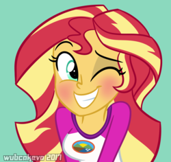 Size: 781x738 | Tagged: dead source, safe, artist:wubcakeva, sunset shimmer, equestria girls, g4, my little pony equestria girls: legend of everfree, arms, blushing, breasts, bust, camp everfree outfits, clothes, collar, cute, female, grin, happy, long hair, long sleeves, one eye closed, shimmerbetes, shirt, simple background, smiling, solo, teenager, teeth, wink