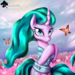 Size: 3000x3000 | Tagged: safe, artist:katakiuchi4u, mistmane, butterfly, pony, unicorn, campfire tales, g4, clothes, curved horn, female, high res, horn, mare, scenery, sitting, solo