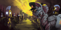 Size: 6000x3000 | Tagged: safe, artist:dimfann, oc, oc only, earth pony, pony, fallout equestria, absurd resolution, armor, clothes, fire, glasses, wasteland