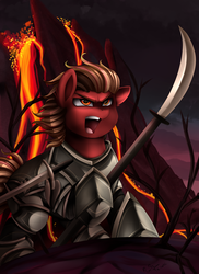 Size: 2550x3509 | Tagged: safe, artist:pridark, oc, oc only, pony, armor, commission, fire, high res, hoof hold, lava, open mouth, volcano, weapon