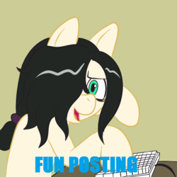 Size: 576x576 | Tagged: safe, artist:scraggleman, oc, oc only, oc:floor bored, earth pony, pony, /mlp/, 4chan, female, keyboard, looking at you, mare, ponytail, solo