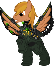 Size: 3000x3660 | Tagged: safe, artist:brisineo, oc, oc only, oc:colonel autumn leaf, pegasus, pony, fallout equestria, armor, battle saddle, enclave, enclave armor, energy weapon, grand pegasus enclave, high res, magical energy weapon, male, novasurge rifle, power armor, rearing, simple background, transparent background, vector, weapon
