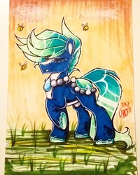 Size: 720x900 | Tagged: safe, artist:crystalizedflames, oc, oc only, oc:aventurine rapids, bee, bumblebee, insect, original species, pond pony, pony, male, nudity, sheath, solo, stallion, traditional art