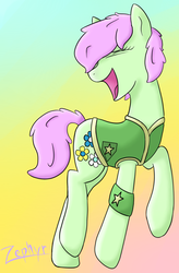 Size: 881x1343 | Tagged: safe, artist:zephyr!, oc, oc only, oc:may flowers, earth pony, pony, clothes, dancing, female, flower, gradient background, mare, plant team, singing, solo, vest, winter wrap up vest