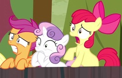 Size: 617x398 | Tagged: safe, screencap, apple bloom, scootaloo, sweetie belle, earth pony, pony, appleoosa's most wanted, g4, cutie mark crusaders, shocked