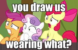 Size: 617x398 | Tagged: safe, edit, edited screencap, screencap, apple bloom, scootaloo, sweetie belle, earth pony, pony, appleoosa's most wanted, g4, cutie mark crusaders, image macro, meme, shocked, we don't normally wear clothes