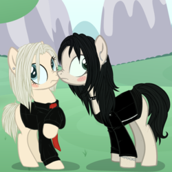 Size: 900x900 | Tagged: safe, artist:dementra369, oc, oc only, earth pony, pony, blushing, boop, clothes, collar, duo, ear piercing, female, mare, necktie, nose wrinkle, noseboop, not shipping, piercing, raised hoof