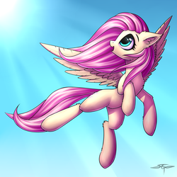 Size: 4000x4000 | Tagged: safe, artist:setharu, fluttershy, pegasus, pony, g4, absurd resolution, chest fluff, commission, cute, ear fluff, female, flying, happy, looking back, mare, shyabetes, sky, solo