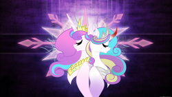 Size: 1024x576 | Tagged: safe, artist:owocrystalcatowo, princess flurry heart, oc, oc:crystal heart, pony, g4, back to back, curved horn, eyes closed, female, horn, male, offspring, parent:princess cadance, parent:shining armor, parents:shiningcadance, sisters, sombra horn, straight, wallpaper