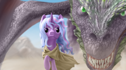 Size: 1797x999 | Tagged: safe, artist:amarthgul, spike, twilight sparkle, dragon, pony, g4, alternate hairstyle, cloak, clothes, crossover, daenerys targaryen, drogon, game of thrones, older, size difference