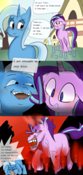 Size: 1000x2100 | Tagged: safe, artist:zouyugi, starlight glimmer, trixie, horse, pony, unicorn, all bottled up, g4, anger magic, angry, bottle, comic, food, hilarious in hindsight, hoers, i see what you did there, magic, meme, pineapple, pizza, ponyville, screaming, sorry, teeth