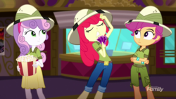 Size: 1280x720 | Tagged: safe, screencap, apple bloom, scootaloo, sweetie belle, equestria girls, g4, my little pony equestria girls: summertime shorts, the canterlot movie club, clothes, crossed arms, cutie mark crusaders, discovery family logo, food, pants, popcorn, short pants, shorts, theater, ticket