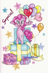 Size: 3311x4960 | Tagged: safe, artist:crystal4heart, pinkie pie, pony, g4, absurd resolution, balloon, box, female, happy, pony in a box, present, solo, starry eyes, traditional art, wingding eyes