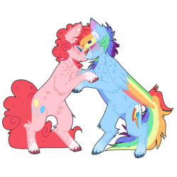 Size: 768x768 | Tagged: safe, artist:wanderingpegasus, pinkie pie, rainbow dash, earth pony, pegasus, pony, g4, blushing, colored wings, eyes closed, female, lesbian, mare, multicolored wings, ship:pinkiedash, shipping, simple background, smiling, transparent background