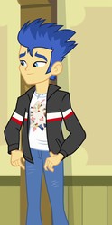 Size: 537x1080 | Tagged: safe, screencap, flash sentry, equestria girls, g4, my little pony equestria girls, clothes, jacket, male, pants, smiling, solo