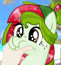 Size: 848x904 | Tagged: safe, artist:monkfishyadopts, oc, oc only, oc:watermelana, human, pony, base used, beach, freckles, hand, ocean, solo, squishy cheeks, wingding eyes