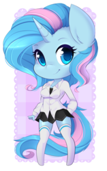 Size: 1001x1596 | Tagged: safe, artist:teranen, oc, oc only, oc:cotton candi, unicorn, anthro, unguligrade anthro, anthro oc, breasts, chibi, clothes, colored pupils, cute, female, looking at you, mare, moe, shirt, skirt, smiling, socks, thigh highs, thighs, zettai ryouiki