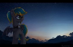 Size: 2400x1541 | Tagged: safe, artist:kaylemi, oc, oc only, oc:altered karbon, bat pony, pony, bat pony oc, bowtie, cloud, dawn, ear piercing, female, glasses, mare, open mouth, piercing, raised hoof, solo, stars