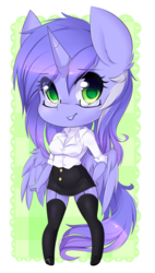 Size: 908x1597 | Tagged: safe, artist:teranen, oc, oc only, oc:mariah wolves, alicorn, anthro, unguligrade anthro, alicorn oc, breasts, chibi, clothes, colored pupils, cute, eye clipping through hair, female, garter belt, garters, glasses, looking at you, mare, moe, shirt, simple background, skirt, smiling, solo, stockings, thigh highs, thighs, transparent background