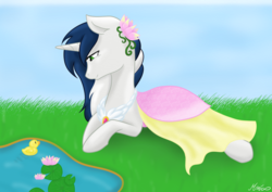 Size: 1024x724 | Tagged: safe, artist:mimicproductions, oc, oc only, oc:muffinkarton, pony, unicorn, clothes, dress, duckling, female, mare, pond, prone, solo