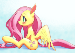 Size: 1997x1407 | Tagged: safe, artist:unousaya, fluttershy, pegasus, pony, blushing, female, mare, profile, simple background, sitting, solo, spread wings, white background, wings