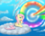 Size: 1000x800 | Tagged: safe, artist:empyu, fluttershy, rainbow dash, pegasus, pony, g4, cloud, female, implied rainbow dash, mare, on a cloud, open mouth, rainbow trail, sitting, sitting on a cloud, sky, smiling, solo, sonic rainboom