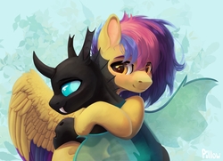 Size: 2399x1733 | Tagged: safe, artist:graypillow, oc, oc only, changeling, pegasus, pony, duo, hug, smiling
