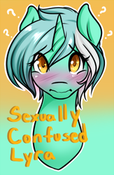 Size: 200x306 | Tagged: safe, artist:azure-doodle, lyra heartstrings, pony, unicorn, g4, blushing, bust, female, gradient background, looking at you, mare, question mark, sexually confused lyra