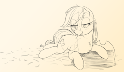 Size: 2400x1400 | Tagged: safe, artist:j24262756, applejack, earth pony, pony, g4, cheek fluff, ear fluff, female, lidded eyes, looking at you, mare, monochrome, prone, simple background, sketch, smiling, solo