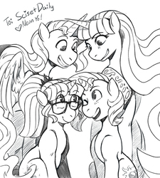 Size: 2700x3000 | Tagged: safe, artist:overlordneon, sci-twi, sunset shimmer, twilight sparkle, alicorn, pony, unicorn, series:sciset diary, g4, alicornified, equestria girls ponified, female, grayscale, high res, lesbian, mare, monochrome, one eye closed, ponified, race swap, shimmercorn, ship:sci-twishimmer, ship:sunsetsparkle, shipping, simple background, size difference, sketch, smiling, twilight sparkle (alicorn), unicorn sci-twi, wink