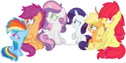 Size: 1024x512 | Tagged: safe, artist:bezziie, apple bloom, applejack, rainbow dash, rarity, scootaloo, sweetie belle, earth pony, pegasus, pony, unicorn, campfire tales, g4, age swap, colored pupils, cutie mark crusaders, female, filly, foal, mare, role reversal, scared, simple background, sitting, transparent background
