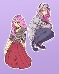Size: 2494x3151 | Tagged: safe, artist:overlordneon, fluttershy, equestria girls, g4, bandage, bandaid, beautiful, clothes, dress, female, high res, hoodie, pants, shoes, simple background, smiling, solo, sweater