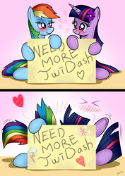 Size: 2480x3507 | Tagged: safe, artist:twidasher, rainbow dash, twilight sparkle, pony, g4, blushing, duo, female, floating heart, flower, flower in hair, heart, high res, lesbian, looking at each other, ship:twidash, shipping, sign