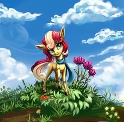 Size: 2340x2300 | Tagged: safe, artist:roadsleadme, oc, oc only, earth pony, pony, clothes, cloud, cottagecore, cute, female, flower, gift art, grass, high res, mare, raised hoof, scarf, sky, smiling, solo