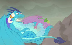 Size: 792x492 | Tagged: safe, artist:pencil-junkie, princess ember, spike, dragon, g4, belly, belly pillow, female, macro, male, mama ember, older, older spike, pregnant, ship:emberspike, shipping, straight, winged spike, wings