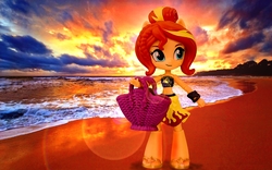 Size: 1658x1036 | Tagged: safe, edit, sunset shimmer, equestria girls, g4, beach, clothes, cloud, doll, equestria girls minis, handbag, irl, merchandise, ocean, outfit, photo, sand, sandals, sarong, summer sunset, sunset, swimsuit, toy, wallpaper